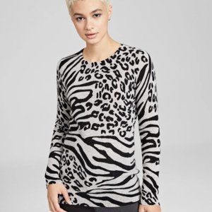 NWT Charter Club 100% Cashmere Animal Print Sweater M MSRP $119 Ice Grey Heather